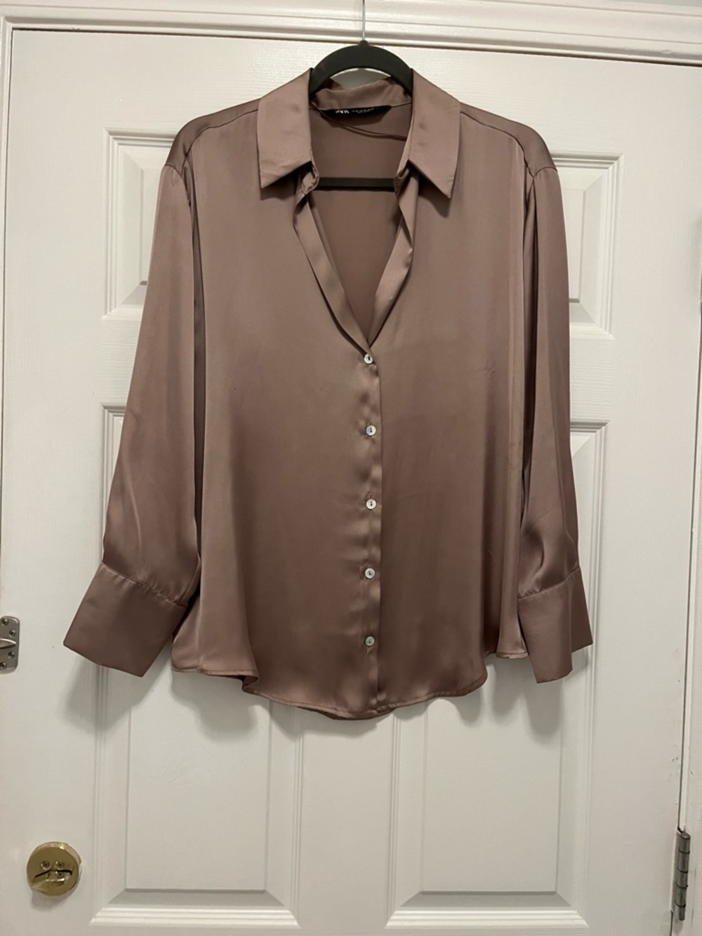 Silky Button-Front Women’s Blouse in Taupe